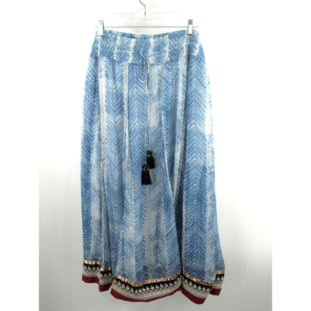 Soft Surroundings Zagara Rhoda Maxi Skirt Blue Batik Smocked Boho Tassels 1X